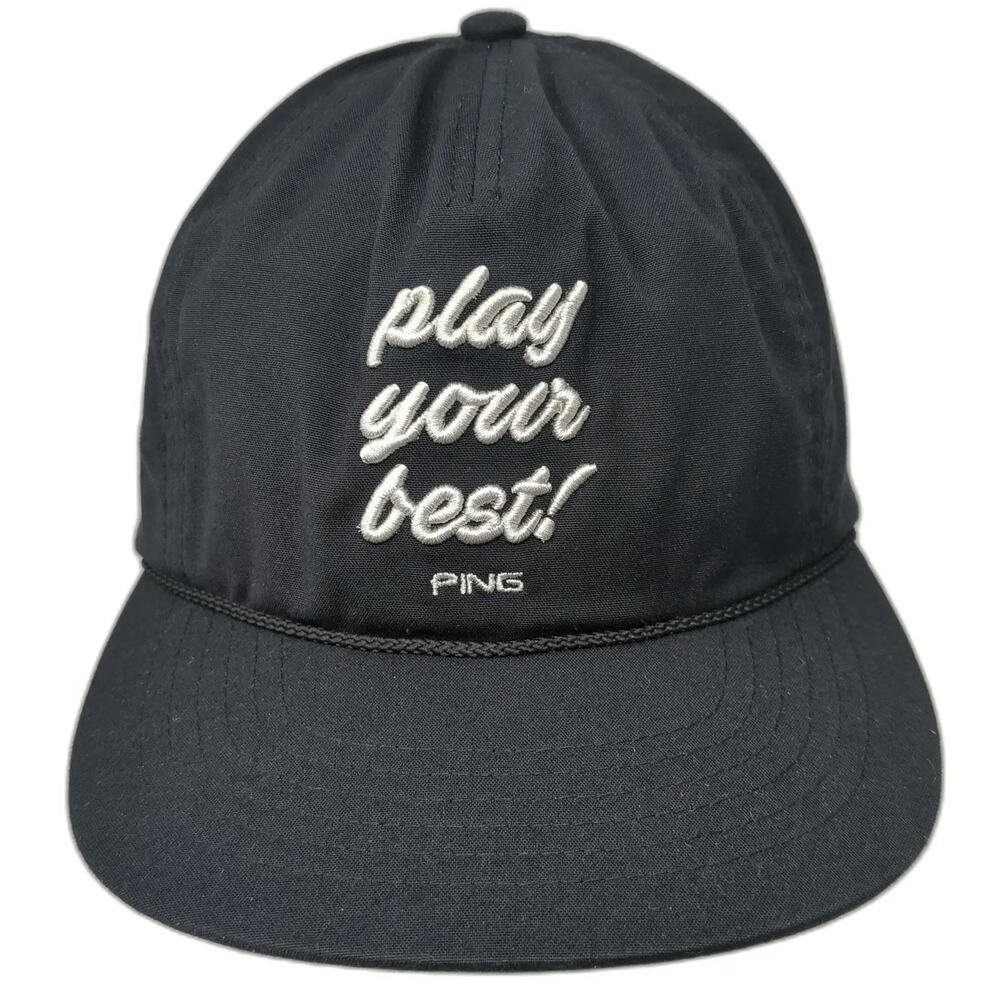 PING 5 Panel Black One Size Leather Strap Rope Script Logo Golf Hat sensorcool